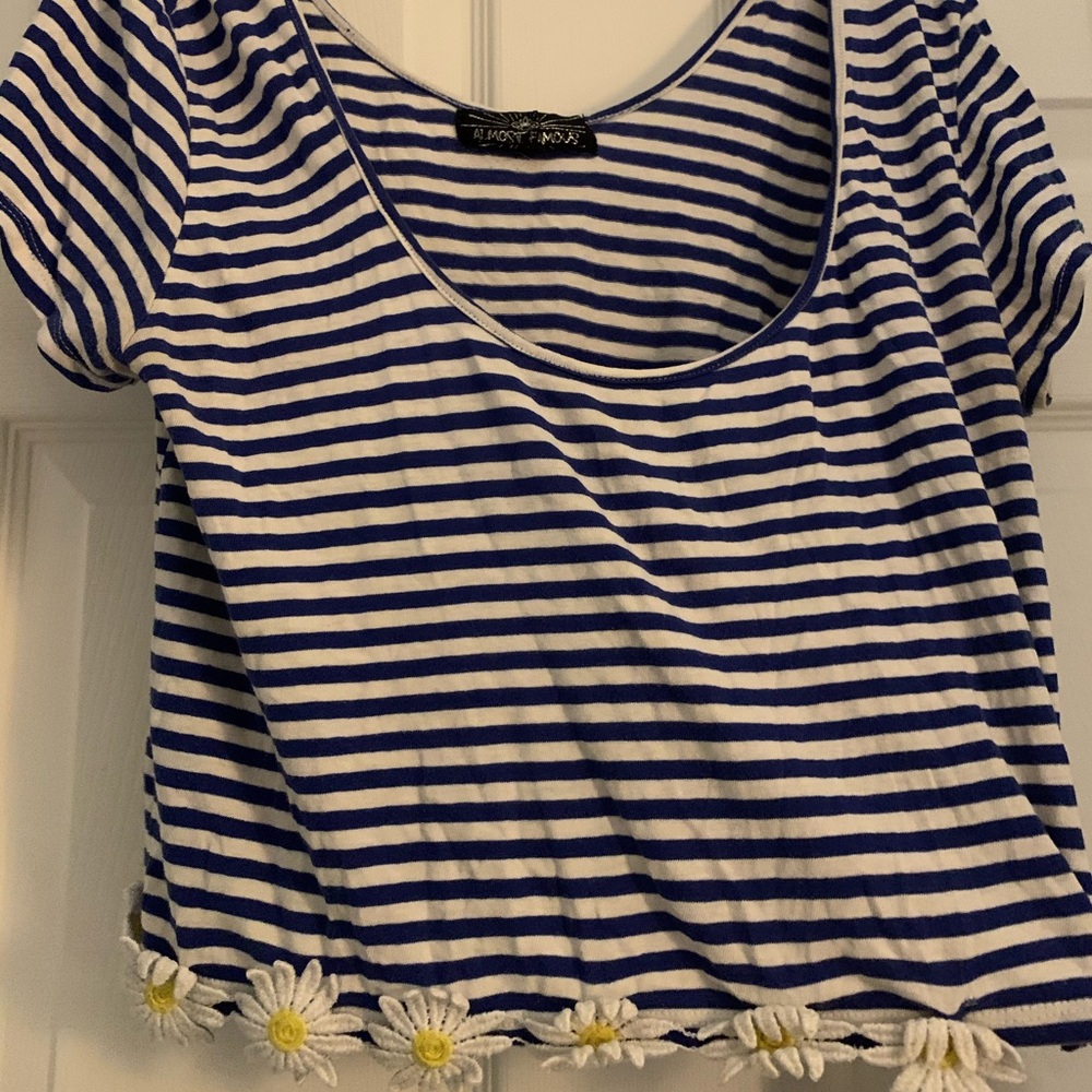 Blue and White Stripped Crop Top with Flowers